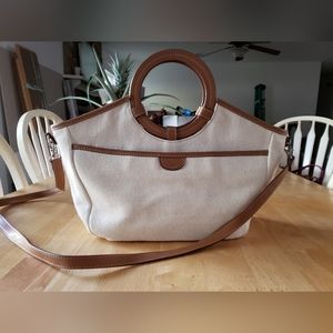Fossil Cream canvas w/ Tan Faux Leather Large Crossbody Shoulder Bag Purse